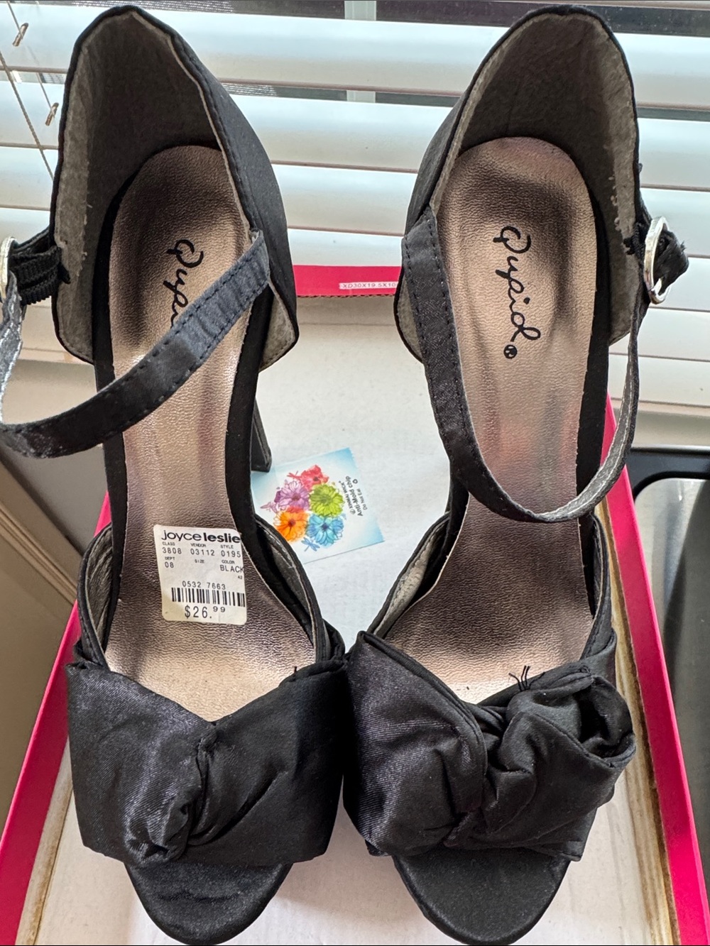 Qupid Black Satin Peep-Toe Heels with Ankle Strap and Knot Accent